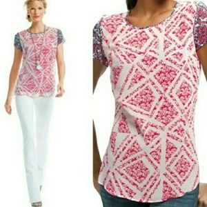 CAbi #732 Red White Blue Sheer Coquette Geo Print Top MEDIUM